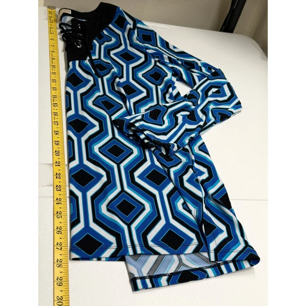 Michael Kors Top Womens Small Blue Geometric Lace Up V-Neck Mod Stretch‎ Office